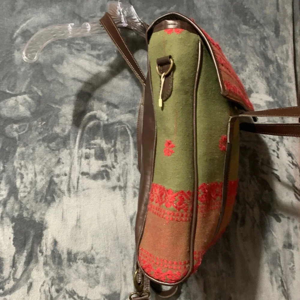 Backpack Womens Tribal Woven Fabric Leather Green Red Boho Embroidered